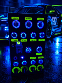 PC USB 30 functions button box for Simracing 8x 16mm back-lit BLUE buttons, 4 encoders, 4x 2 way backlit rotaries and engine start button with ignition toggle and 2 led's
