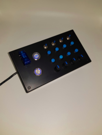 PC or Ps4 USB Box 32 functions in blue with toggles, back lit rotary, encoders & back lit start engine for sim racing & flight simulators