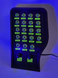 Pc Usb button box 3D printed carbon style tilted centre console 27 functions back-lit Green toggles & 2x dual encoders for DCS