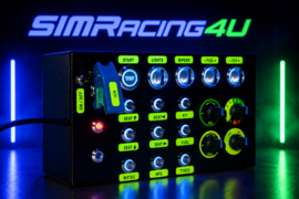 PC USB 31 functions button box for Simracing with all backlit BLUE buttons, 4 encoders, 4x 2 way backlit rotaries and engine start button with ignition toggle