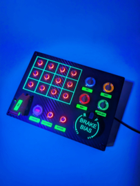 Pc Usb button box 3D printed carbon style with neon squares 26 functions back-lit Red, multicolour rotaries and B BIAS for Sim Racing
