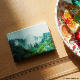 Tiny oil painting 'Misty mountains', 10x7 cm, oil on canvas