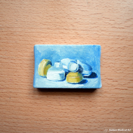 Tiny painting 'Medication still life', oil on canvas, 6x4 cm