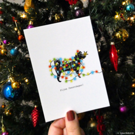 Fijne feestdagen! Dutch christmas greeting card with a dog and christmas lights