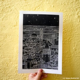 Skyline of Istanbul hand printed lino A4 art print black and white