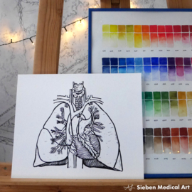 Hand printed linoprint medical illustration anatomy of heart and lungs