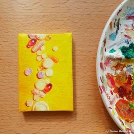 Tiny painting 'medication still life 2', oil on canvas, 7x10 cm