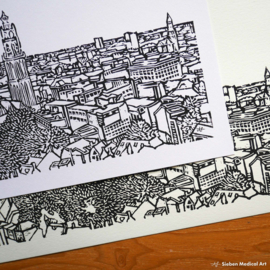 Skyline of Groningen hand printed lino A4 art print black and white