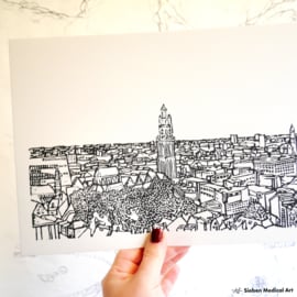 Skyline of Groningen hand printed lino A4 art print black and white