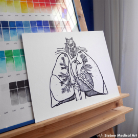 Handgeprinte linoprint medische illustratie hart en longen