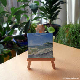Tiny seascape painting of the shore of Normandy, oil on canvas, 7x7 cm