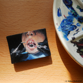 'Say AAA' tiny dentistry painting, oil on canvas, 7x5 cm