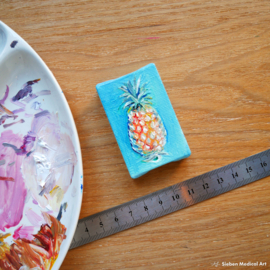 Tropische ananas mini schildering, olieverf op doek, 4x6 cm
