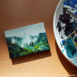 'Misty mountains' mini olieverf schildering op doek, 10x7 cm