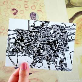 Hand printed card with the map of Leeuwarden