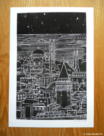 Istanbul skyline lino A4 art print zwart wit