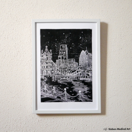 Londen skyline lino A4 art print zwart wit