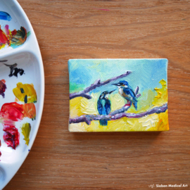 Ijsvogels mini olieverf schildering op doek, 8x6 cm