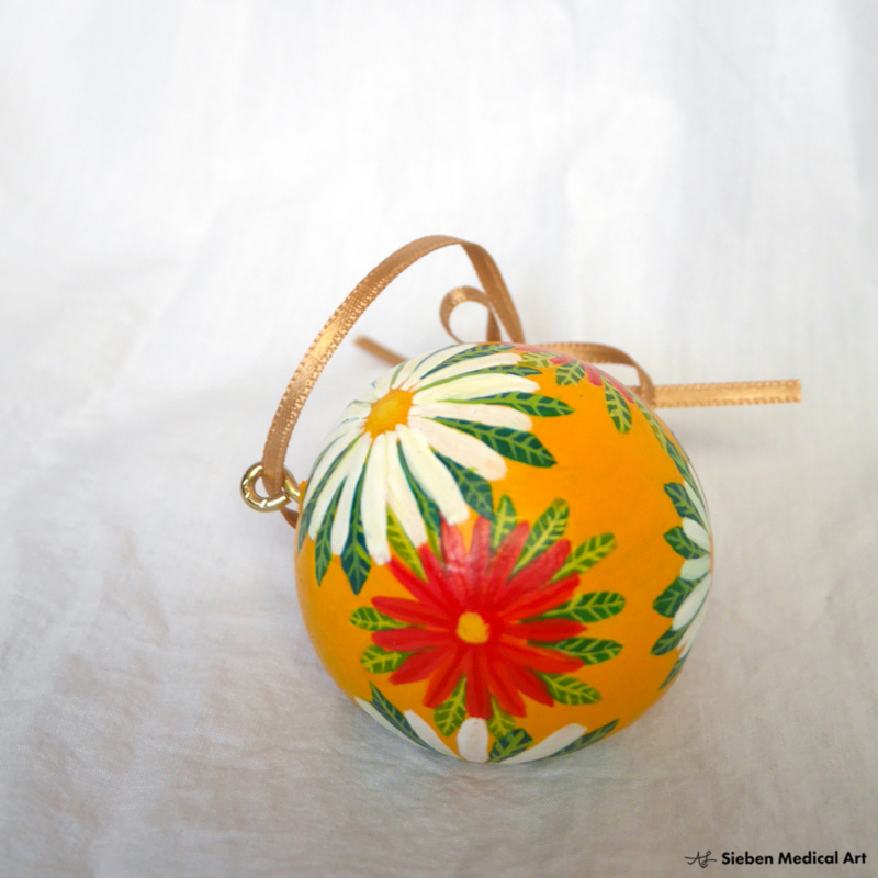 Hand painted wooden christmas ornament 'Flowers' yellow