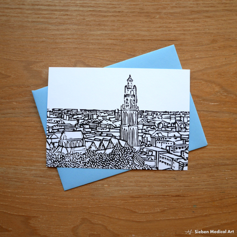 Groningen skyline handgedrukte lino ansichtkaart met envelop