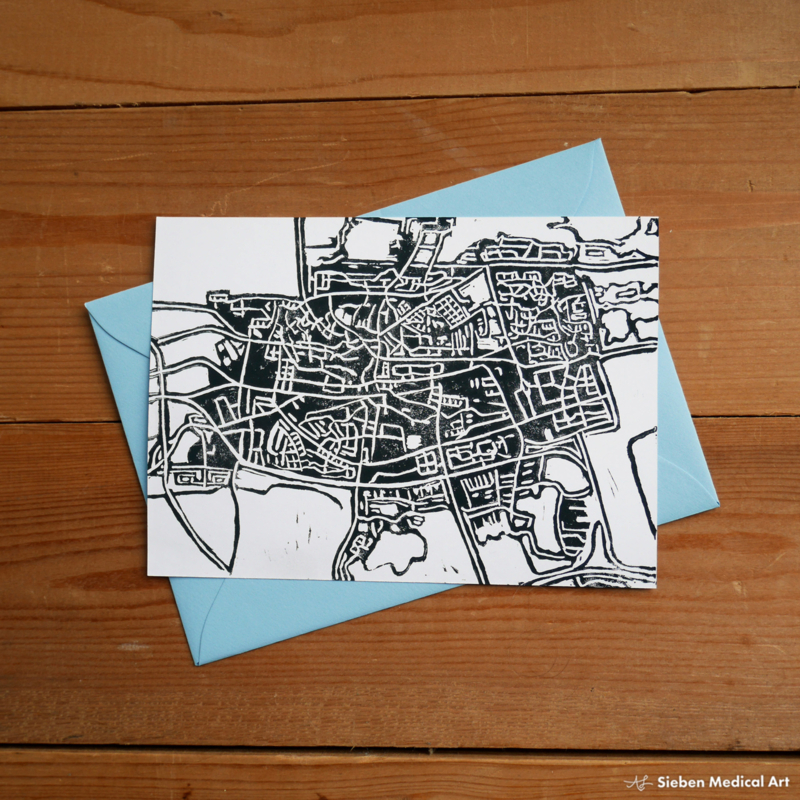 Hand printed card with the map of Leeuwarden