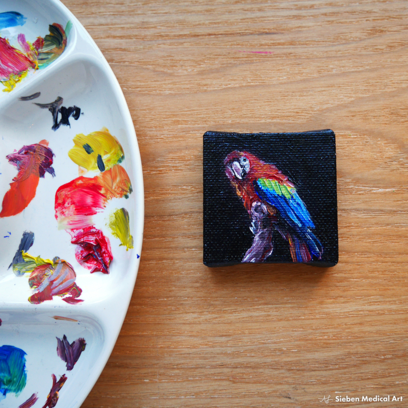 Scarlet Macaw tiny oil painting, 5x5 cm