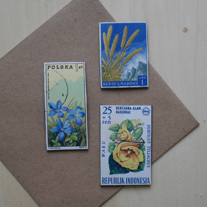 Handmade floral postage stamp magnets, set J