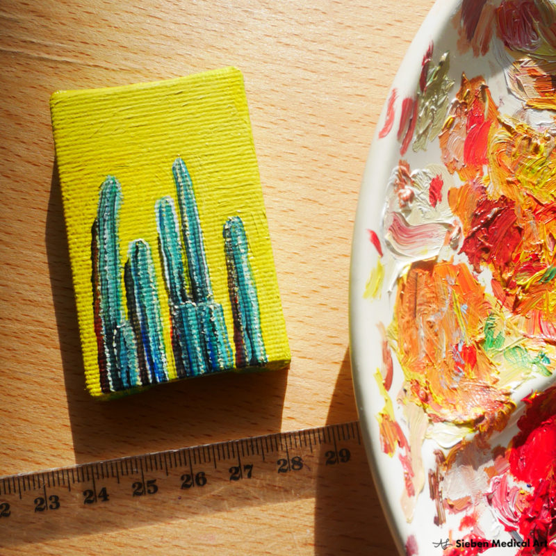 Colourful cacti tiny painting, oil on canvas, 6x8 cm