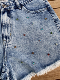 DENIM SHORT MET GEKLEURDE STEENTJES