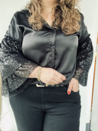 SATIN BLOUSE MET PAILLETTEN - ZWART