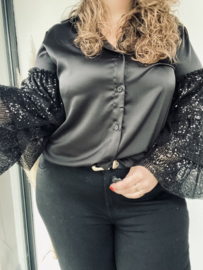 SATIN BLOUSE MET PAILLETTEN - ZWART