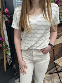 TSHIRT MET ZIG ZAG - WIT/BEIGE