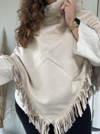 SUEDINE FRINGE PONCHO - ECRU