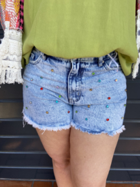 DENIM SHORT MET GEKLEURDE STEENTJES