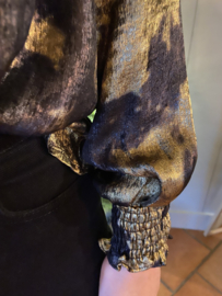 BLOUSE CLOUDY GOLD MET GESMOKTE HALS - ZWART/GOUD