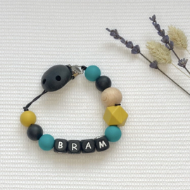 Speenkoord met naam I Bram I oker, turquoise, zwart