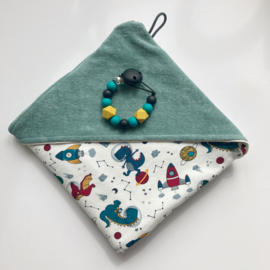 Wikkeldoek - Draken in de ruimte - wit, groen, oker, blauw, rood