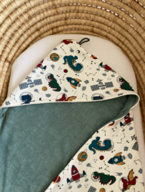 Wikkeldoek - Draken in de ruimte - wit, groen, oker, blauw, rood