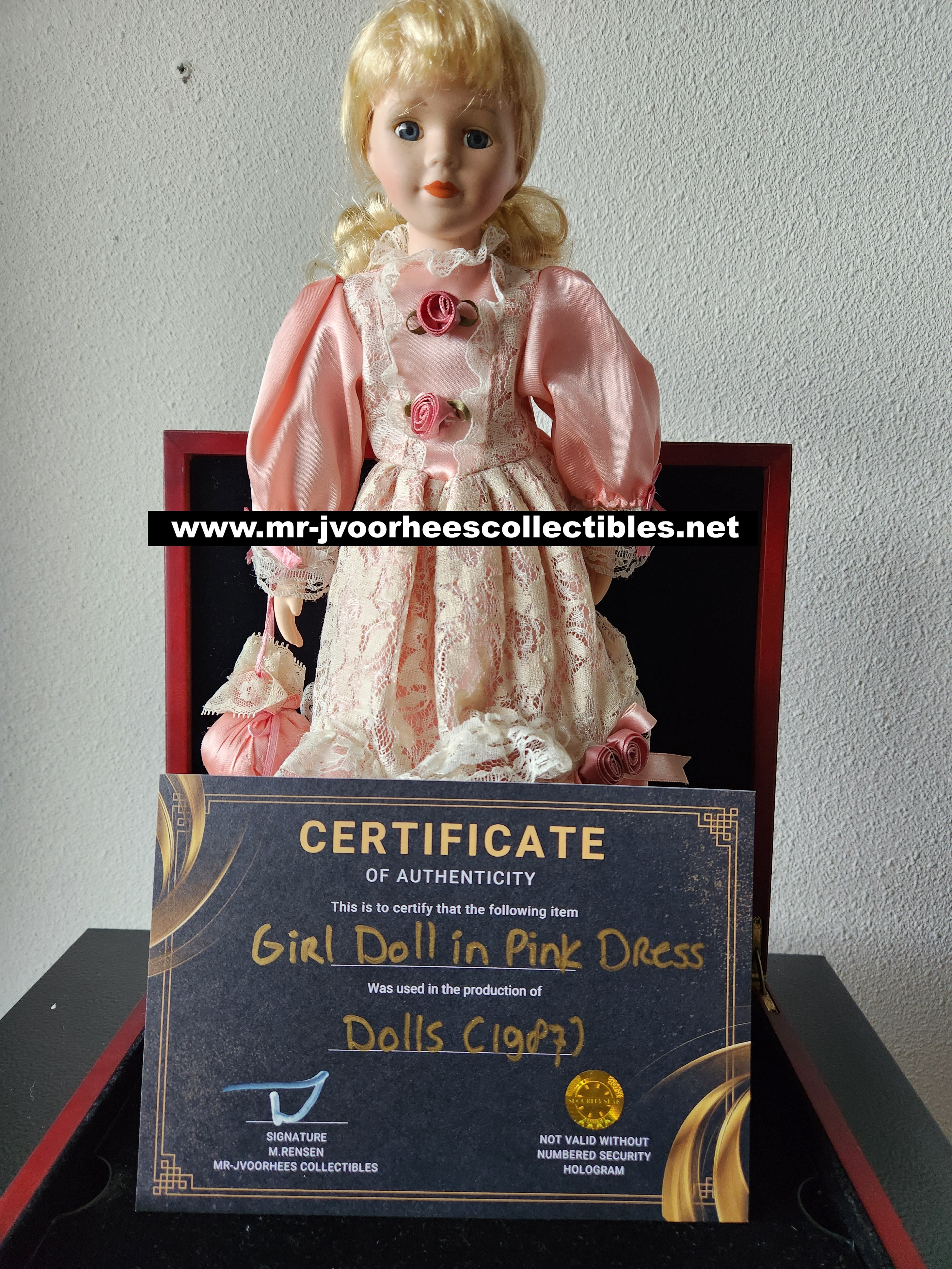 Dolls 1987 Original Production Used Creepy Girl Doll in Pink Dress Movie Prop