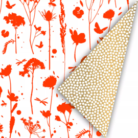Inpakpapier - Golden Cubes & Neon Orange Flowers