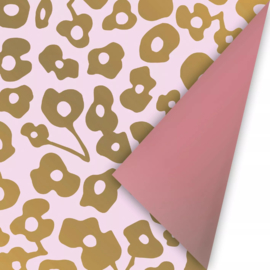 Inpakpapier - Double Pink & Golden Flowers - 50 cm