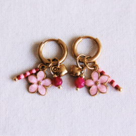 RVS oorringen met roze bloem, mini hartje en steentjes
