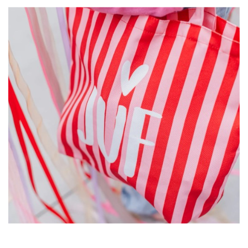 Canvas Juf tas stripes rood/roze