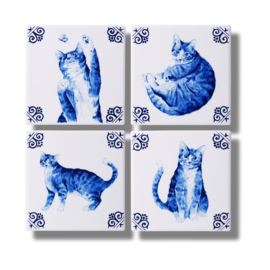 Poezen onderzetters Heinen delfts blauw