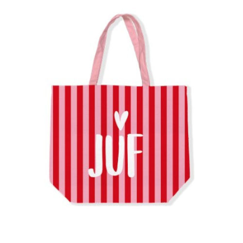 Canvas Juf tas stripes rood/roze