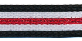 Elastiek gestreept zwart-wit met rood lurex 30 mm
