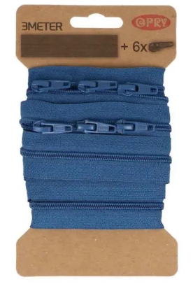 Spiraal rits aan de meter incl. 6 schuivers 3m jeans blauw