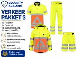 VERKEER ZOMER pakket 3 geel. Poloshirt, korte/lange Werkbroek, Softshell-jas.