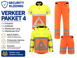 VERKEER ZOMER pakket 4 oranje. Poloshirt, korte/lange Werkbroek, Softshell-jas.