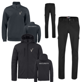 Winterpakket Basis. Basic Active Zipp Sweater, Padded Hoody Softshell winterjas en strech Cargo Werkbroek.
